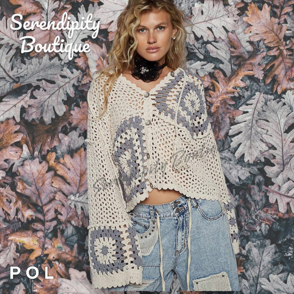 POL Boho Slouchy Thick Lush Oversized Lavender Crochet Button Up Hoodie Sweater - Picture 7 of 11